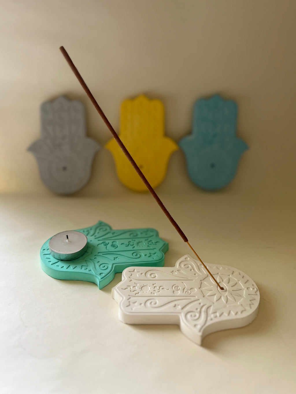 Hamsa Incense Holder – Concrete Vessel | Moonglow : Pack of 2