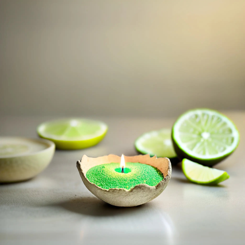 "Lunar Lemon Glow lemon scented pearl wax candle lit in rustic bowl with fresh lime slices – MoonGlow"