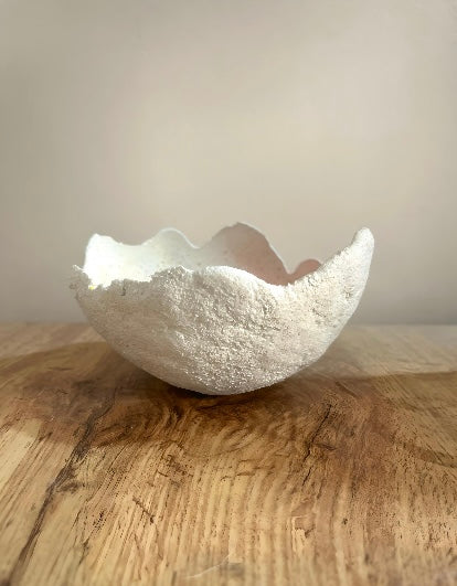 "MoonGlow white textured concrete bowl candle vessel on wooden surface luxury home fragrance accessory"